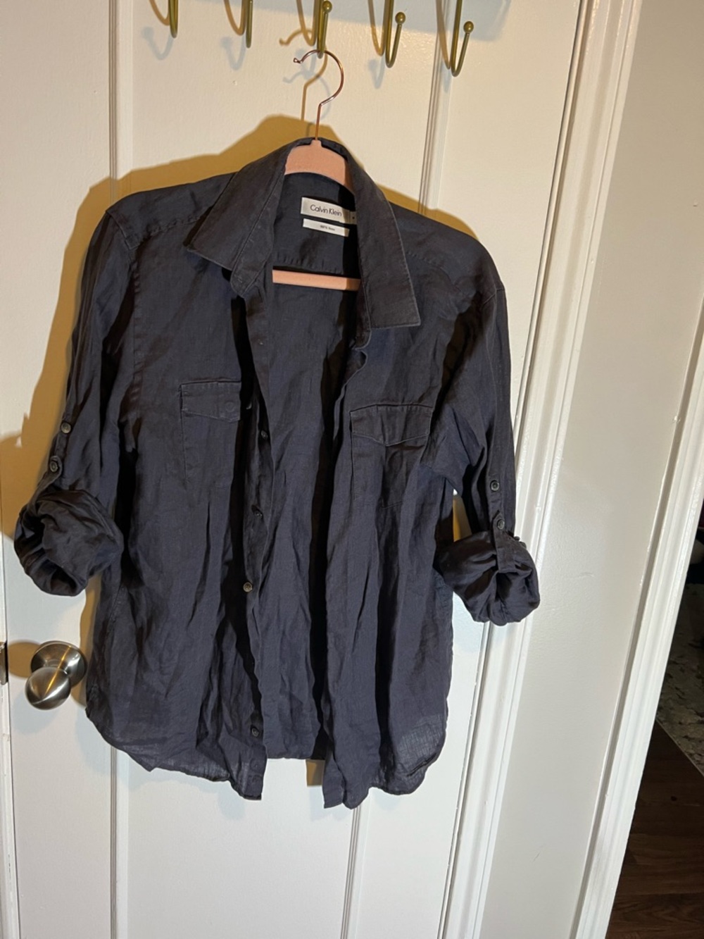 Calvin Klein Sheer 100% Linen Button Up Blouse Gray Womens M